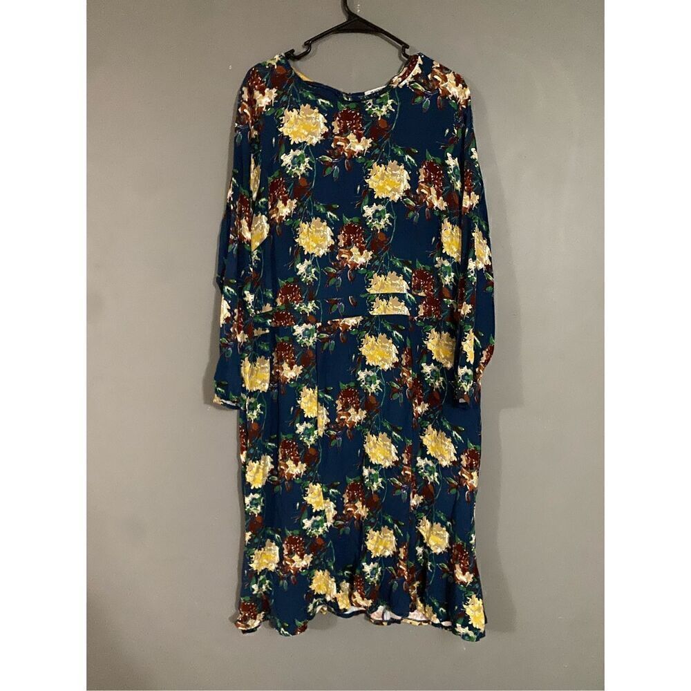 JUST FAB Long Sleeve Floral Print Blue A Line Rayon High Neck Dress 2X